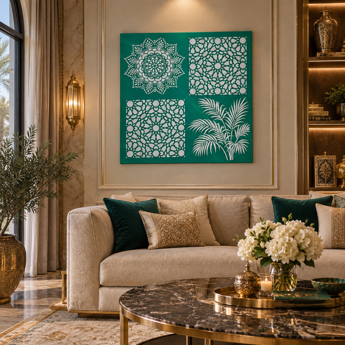 Arabesques and Flowers on a Turquoise Background