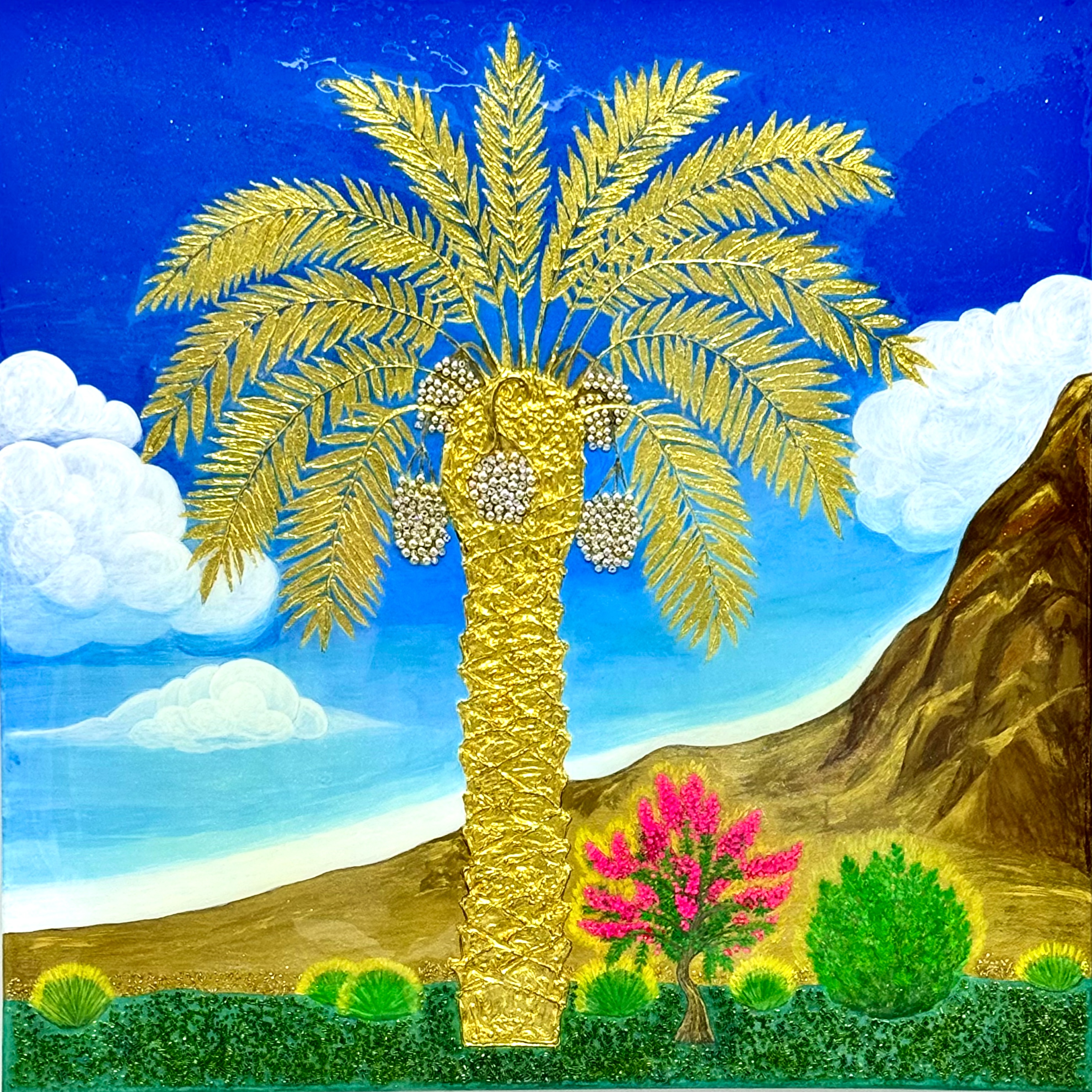 “Golden Palm. Mount Uhud. Bougainvillea” // “النخلة الذهبية وجبل أُحد والبوغنفيلية”